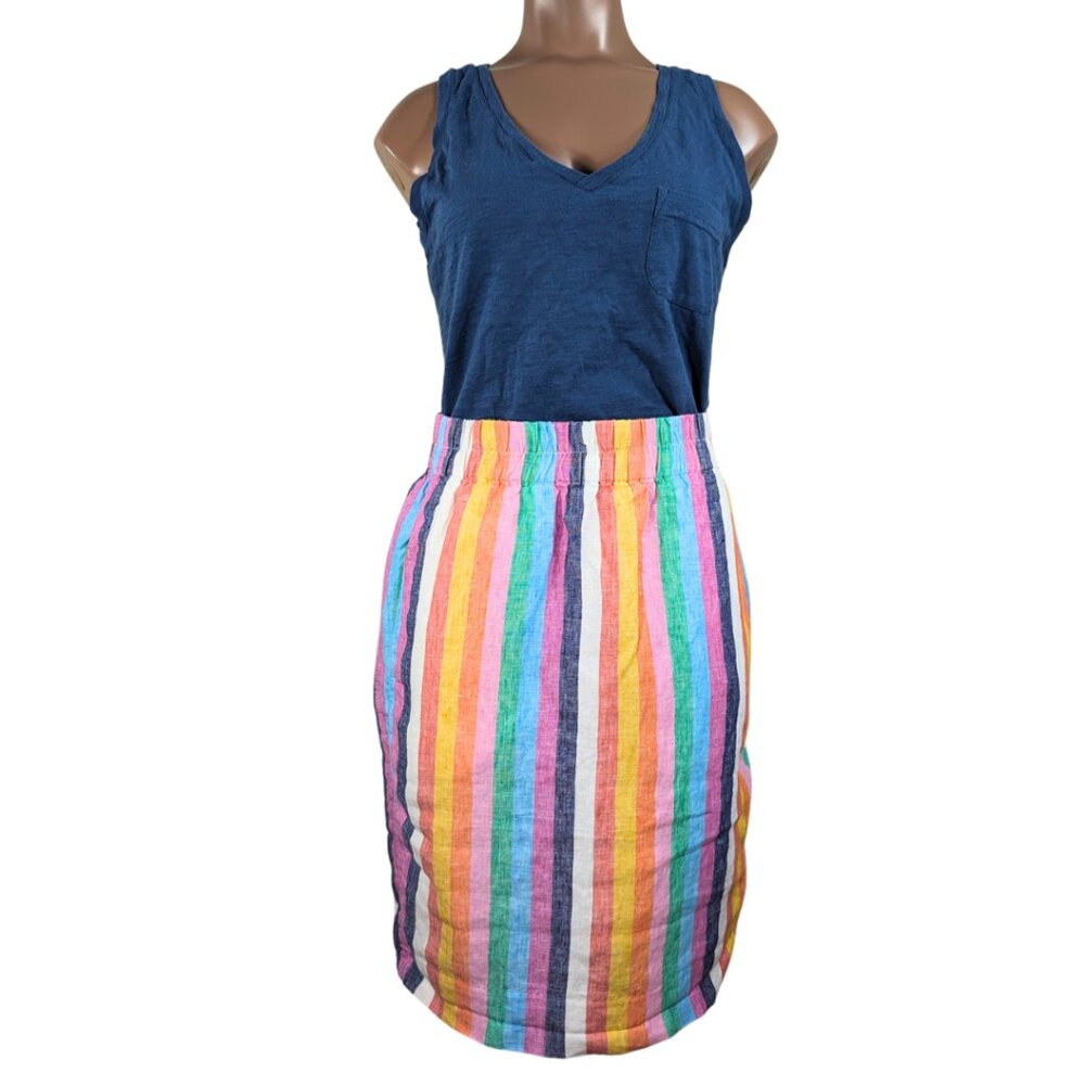 J.Crew XS Pull-On Rainbow Stripe Lined Linen Knee Length Casual Skirt w/Pockets - Picture 1 of 9
